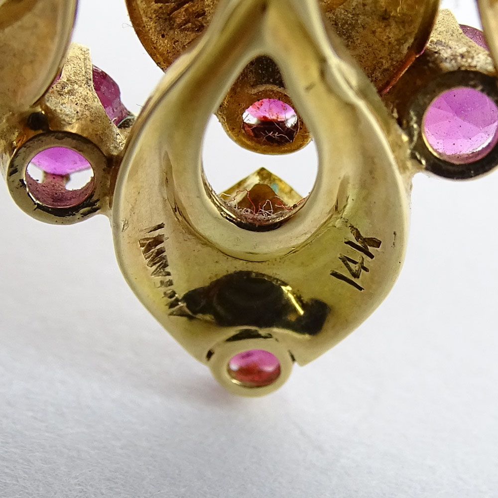 Vintage Round Cut Ruby, Diamond and 14 Karat Yellow Gold Pendant/Brooch. Stamped Tiffany 14K. 