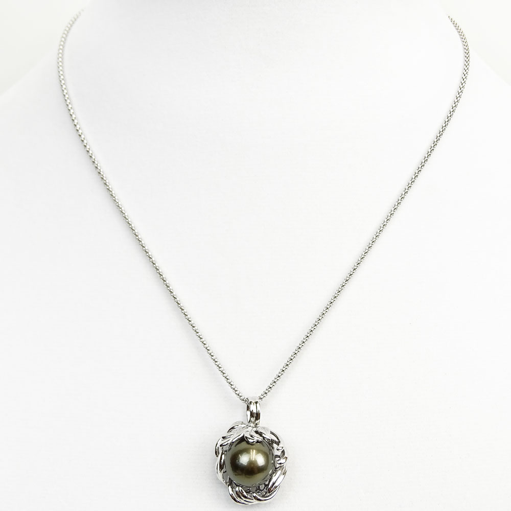 Lady's Black Pearl and Sterling Silver Pendant Necklace. Pearl measures 13.5mm.