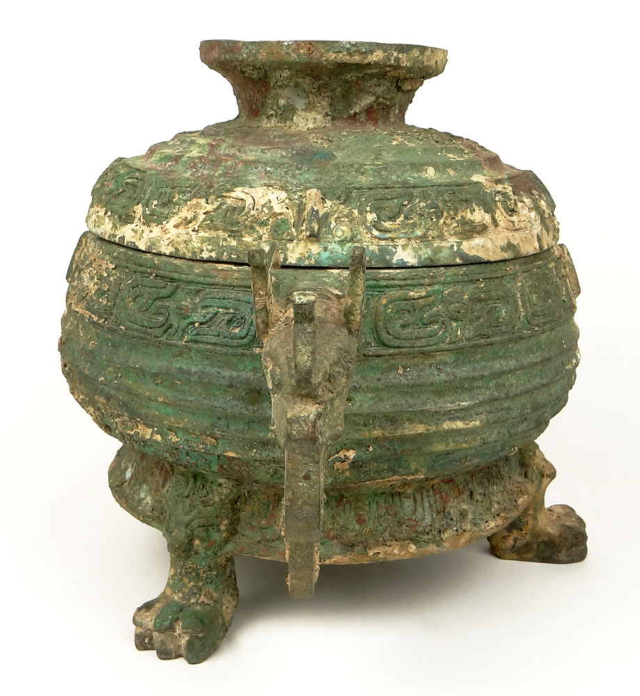 Important and Rare Chinese Western Zhou Dynasty (11th Century BC) Bronze Gui Burial Vessel with Dragon Loop Handles.