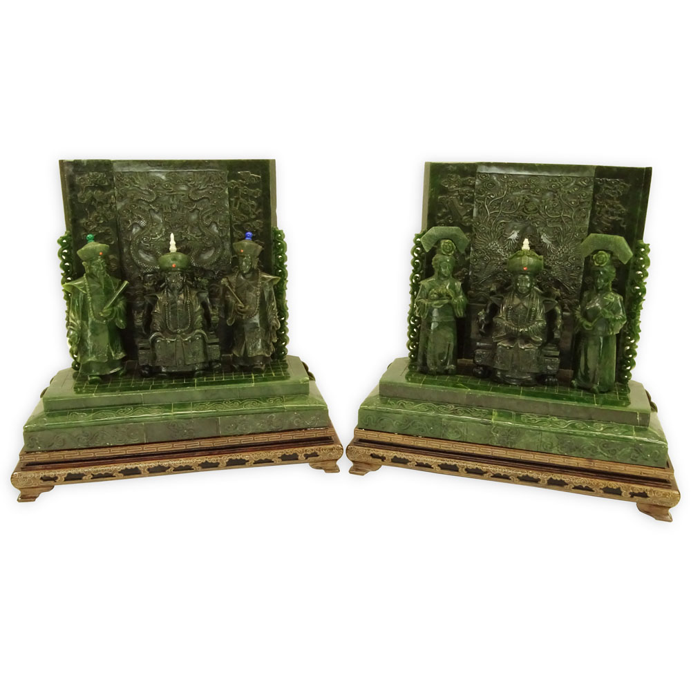 Important Pair of Chinese Heavily Carved Spinach Jade Emperor and Empress Table Screen Thrones Inlaid with Semi Precious Stones Mounted Upon Stepped Pedestal Bases.