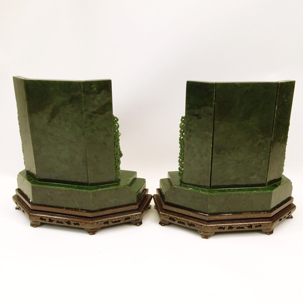 Important Pair of Chinese Heavily Carved Spinach Jade Emperor and Empress Table Screen Thrones Inlaid with Semi Precious Stones Mounted Upon Stepped Pedestal Bases.