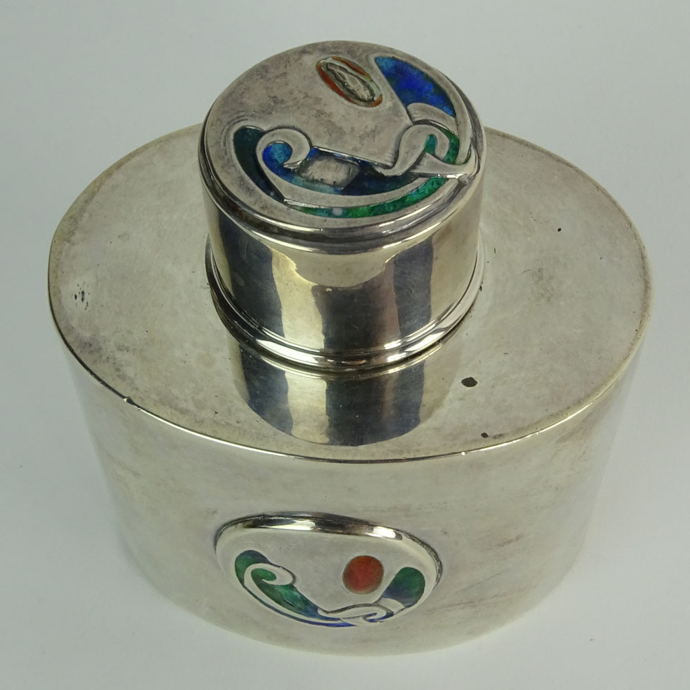 Liberty & Co. Art Nouveau Period Enameled Silver Tea Caddy, Possibly Archibald Knox.