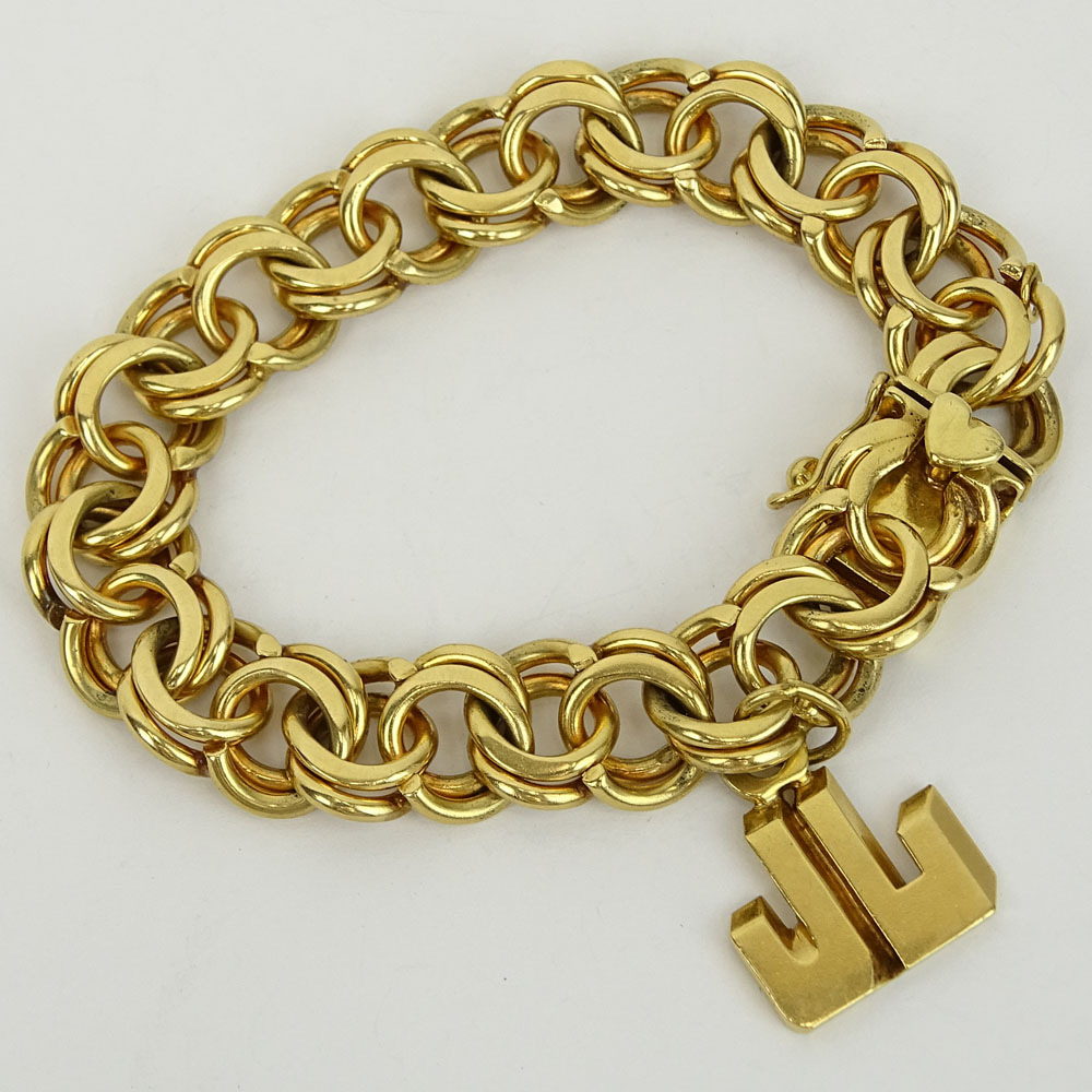 Vintage Thick and Heavy 14 Karat Yellow Gold Charm  Bracelet with One (1) Charm "JL". 