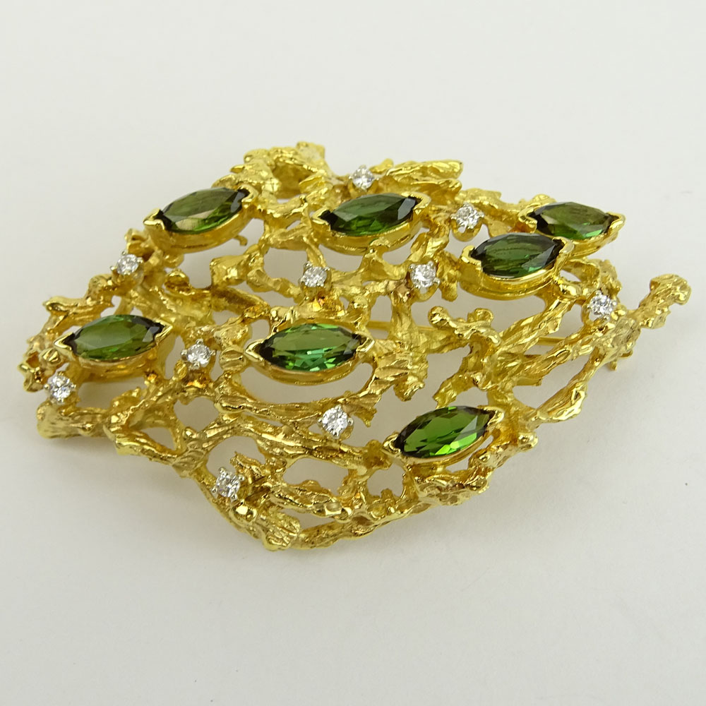 Vintage 14 Karat Yellow Gold, Tourmaline and  Diamond Pendant/Brooch