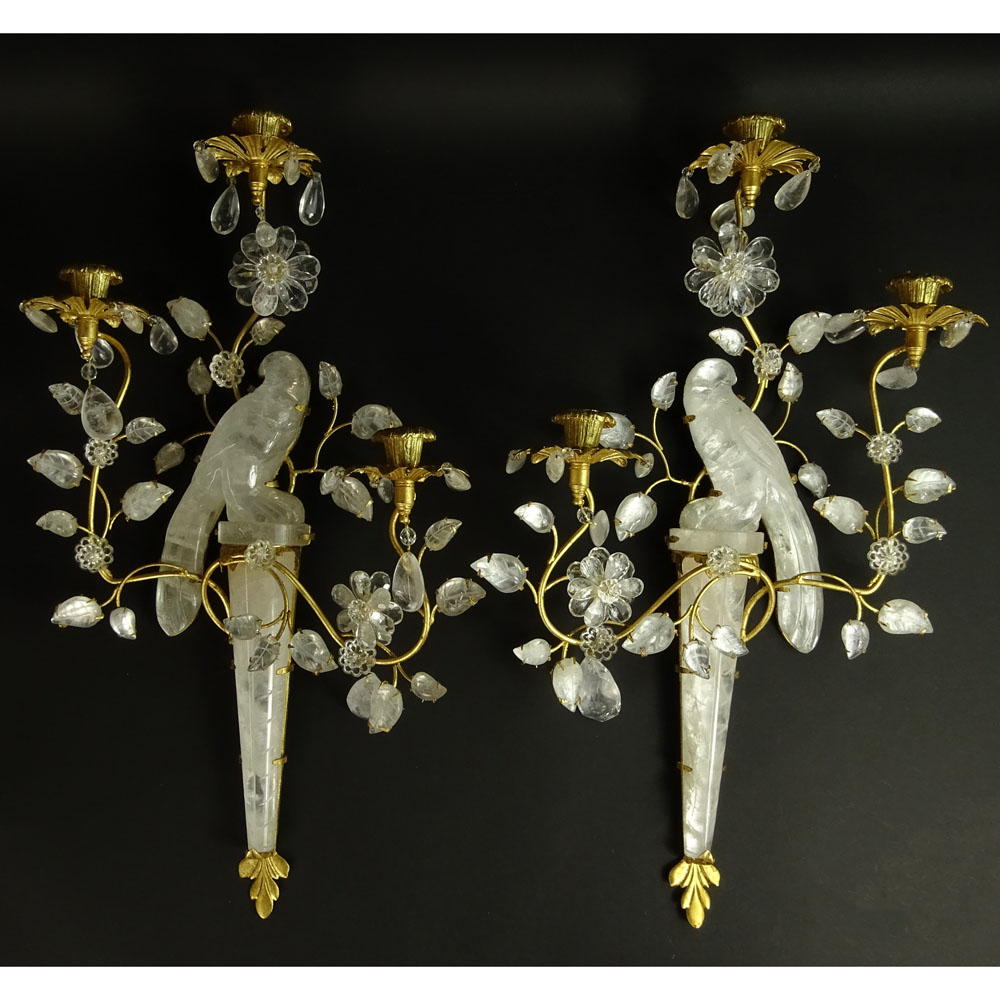 Pair of Bagues Style Rock Crystal and Dore Bronze Three Light Sconces.