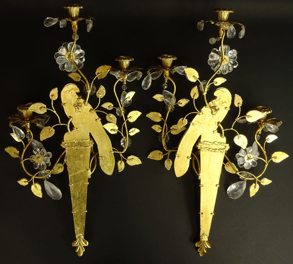 Pair of Bagues Style Rock Crystal and Dore Bronze Three Light Sconces.