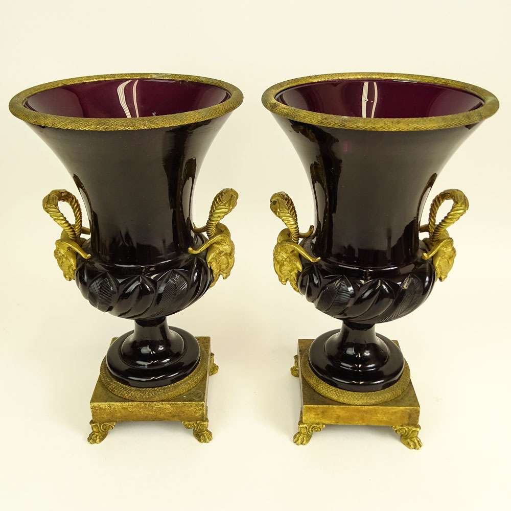 Pair of Neoclassical Russian Imperial Glass Gilt Bronze Mounted Amethyst Glass Vases.