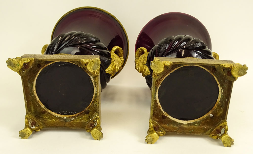 Pair of Neoclassical Russian Imperial Glass Gilt Bronze Mounted Amethyst Glass Vases.