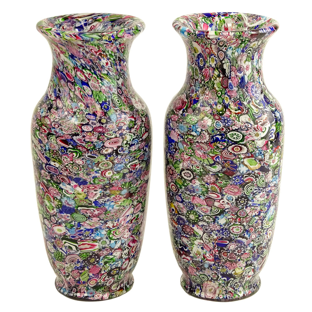 Pair of Extremely Rare Antique Clichy Scramble Millefiori Vases.