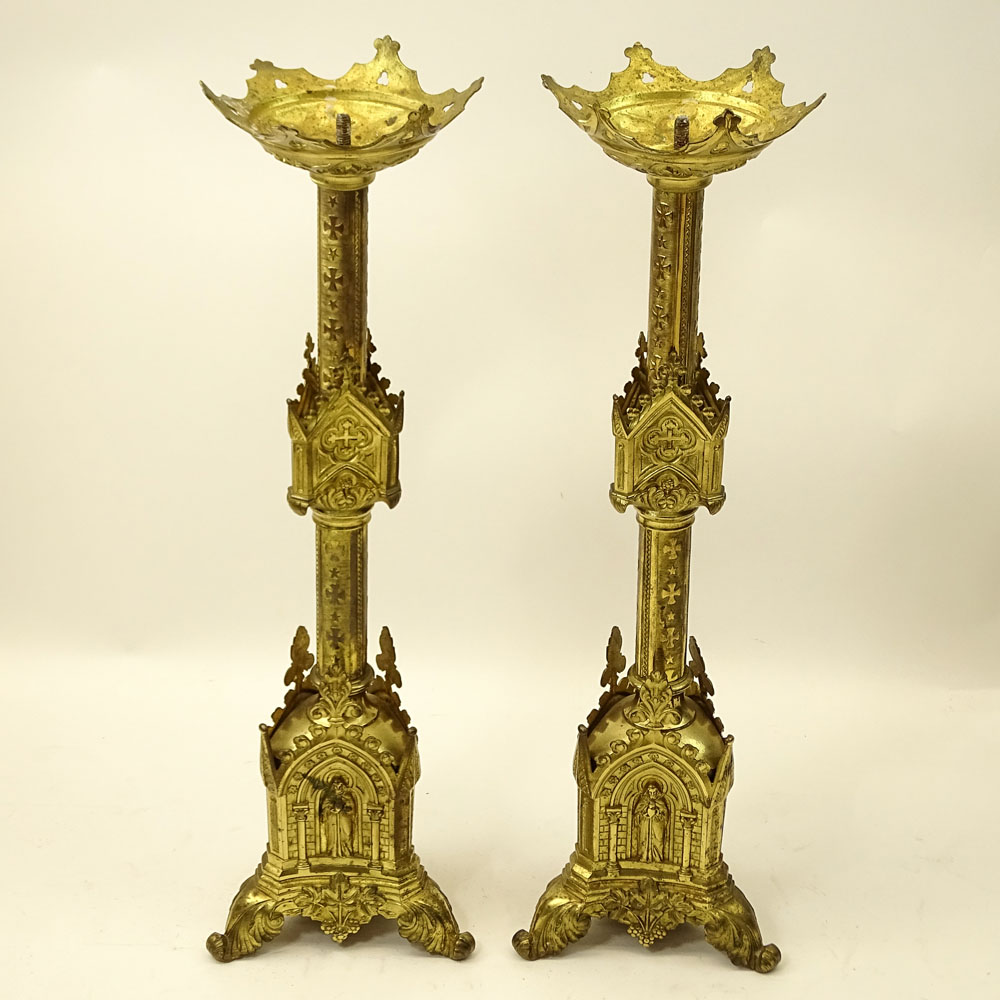 Large Pair of 19th Century French Gothic style Brass Church Candlesticks.