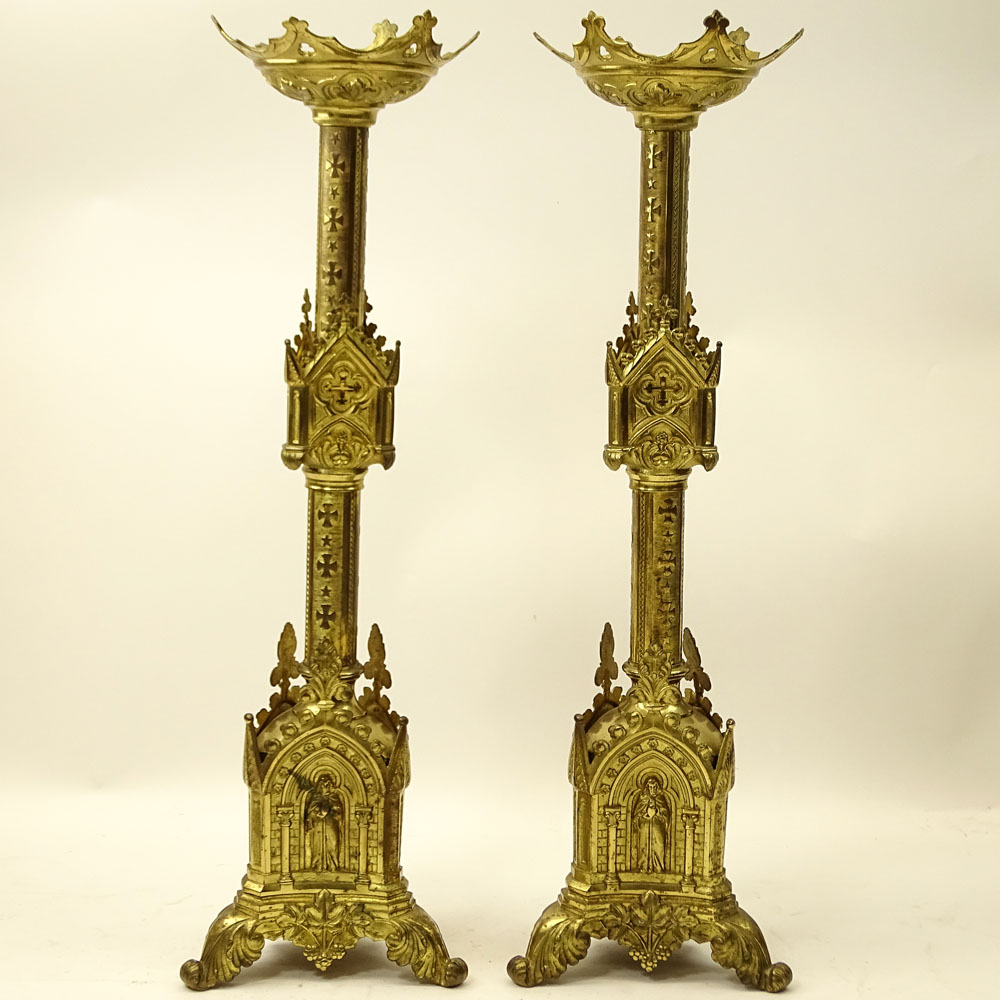 Large Pair of 19th Century French Gothic style Brass Church Candlesticks.