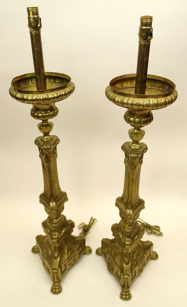Large Pair of 19th Century Italian Brass Church Candlesticks now electrified.