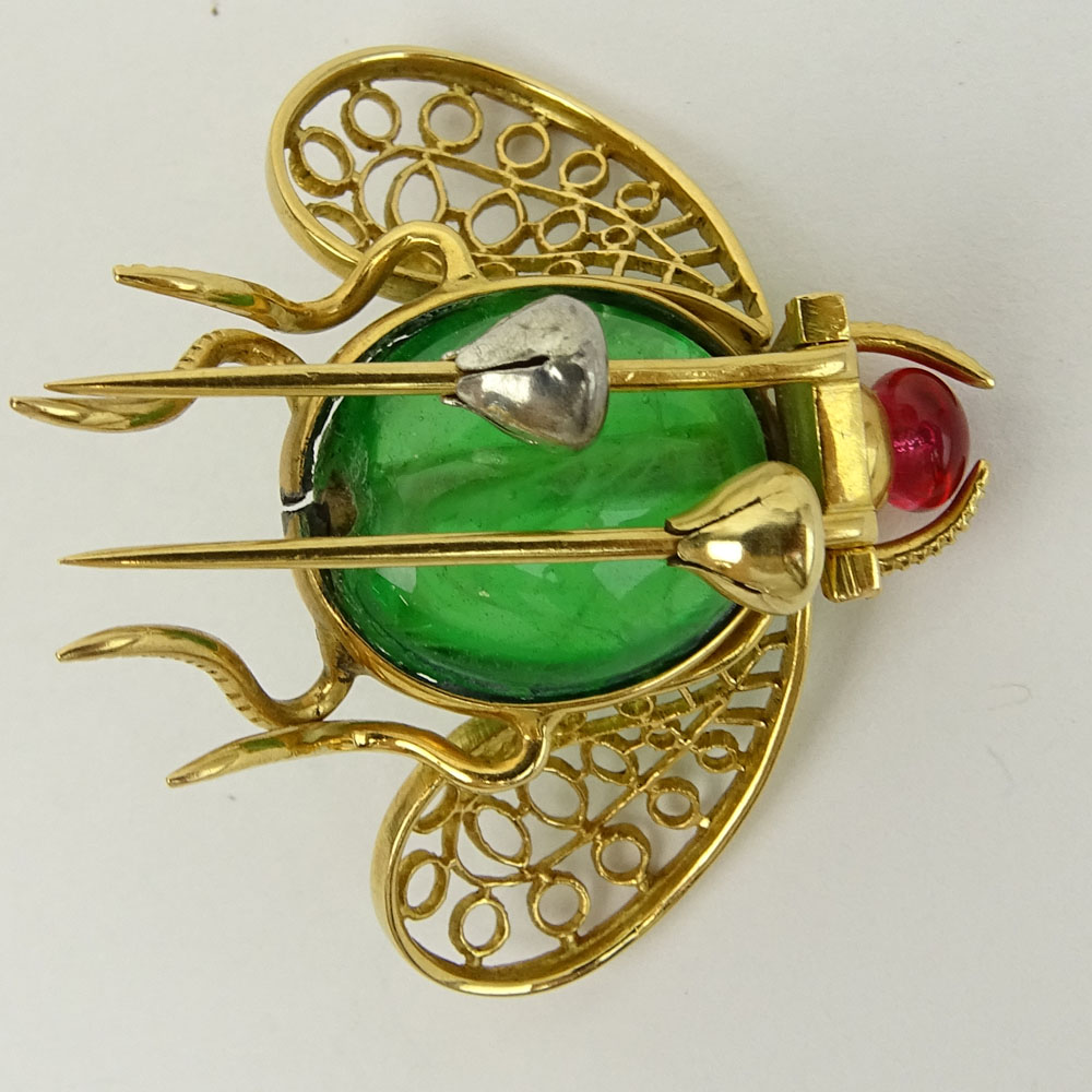 Vintage 14 Karat Yellow Gold Fly Brooch with Green Glass Body and Tourmaline Head.