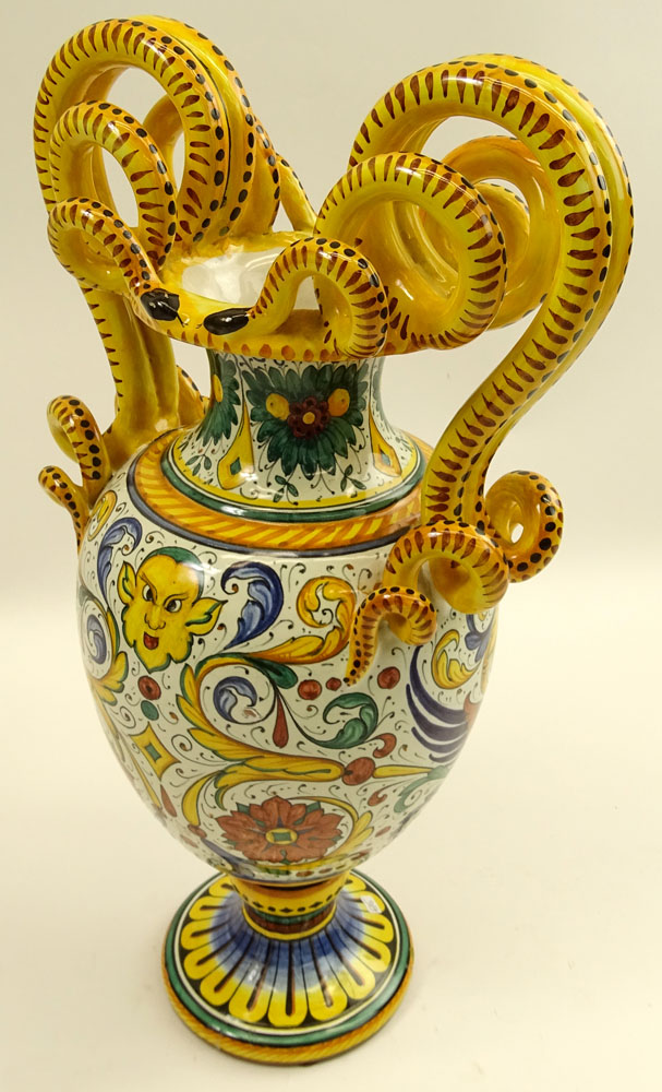 Large Vintage Italian Deruta Majolica Vase with Snake Handles.