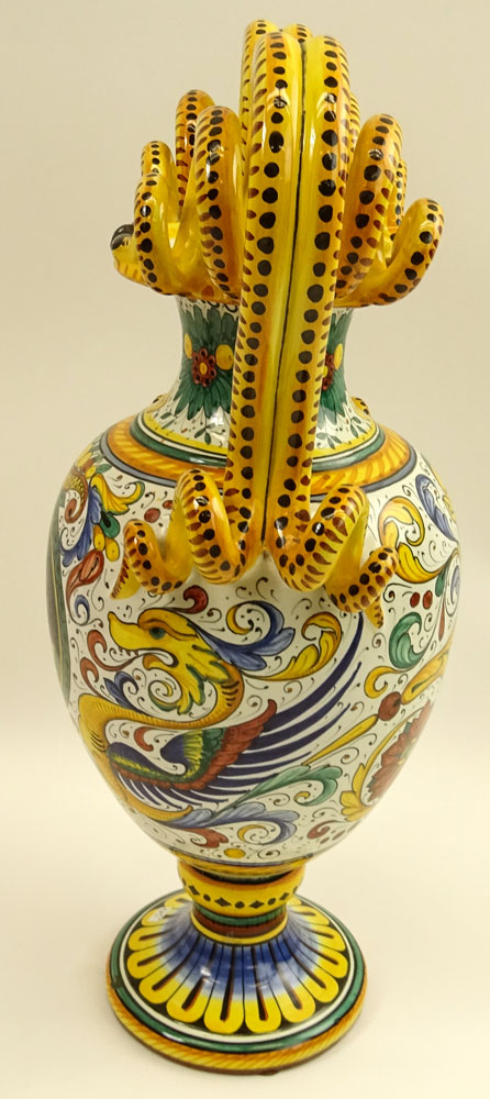 Large Vintage Italian Deruta Majolica Vase with Snake Handles.