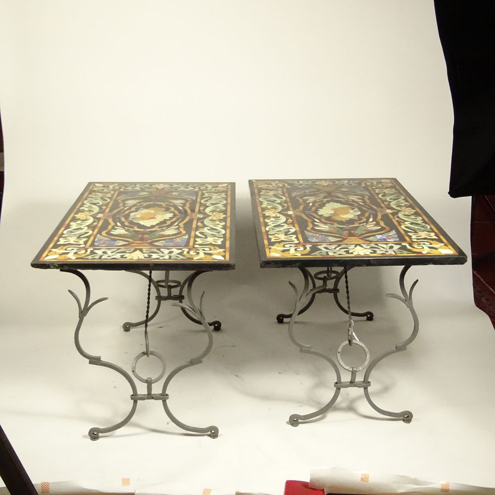 Pair 19th Century Pietra Dura Table Tops on Later Wrought Iron Bases.