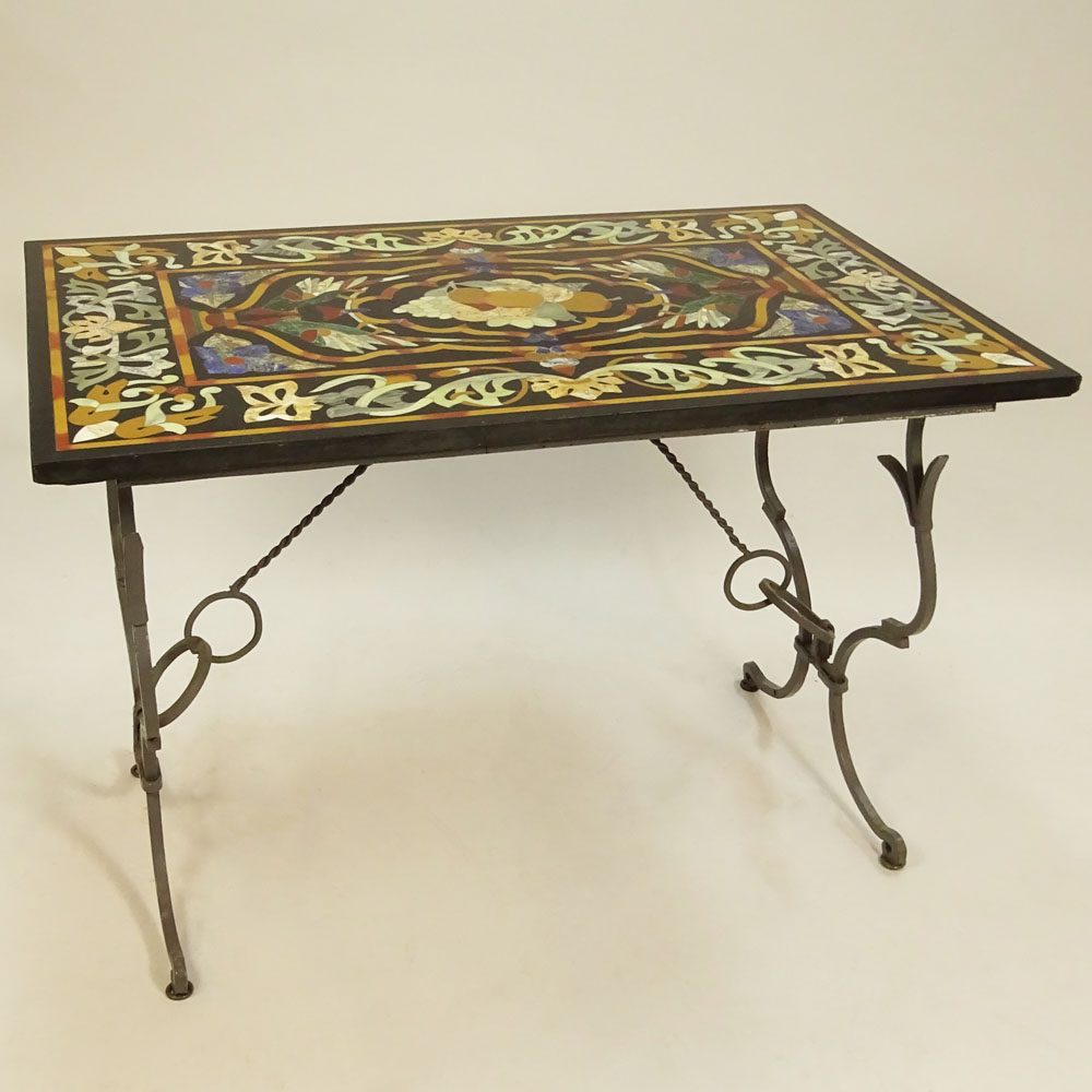 Pair 19th Century Pietra Dura Table Tops on Later Wrought Iron Bases.