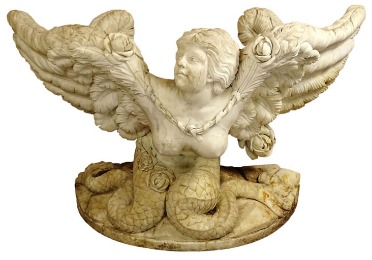Large and Imposing Pair of 20th Century Carved Marble Consoles Depicting a Mermaid and Merman.