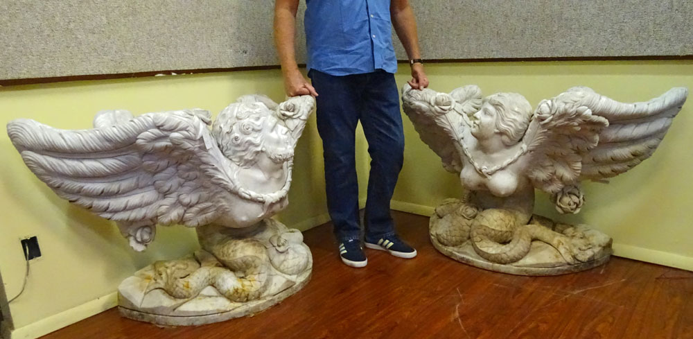 Large and Imposing Pair of 20th Century Carved Marble Consoles Depicting a Mermaid and Merman.