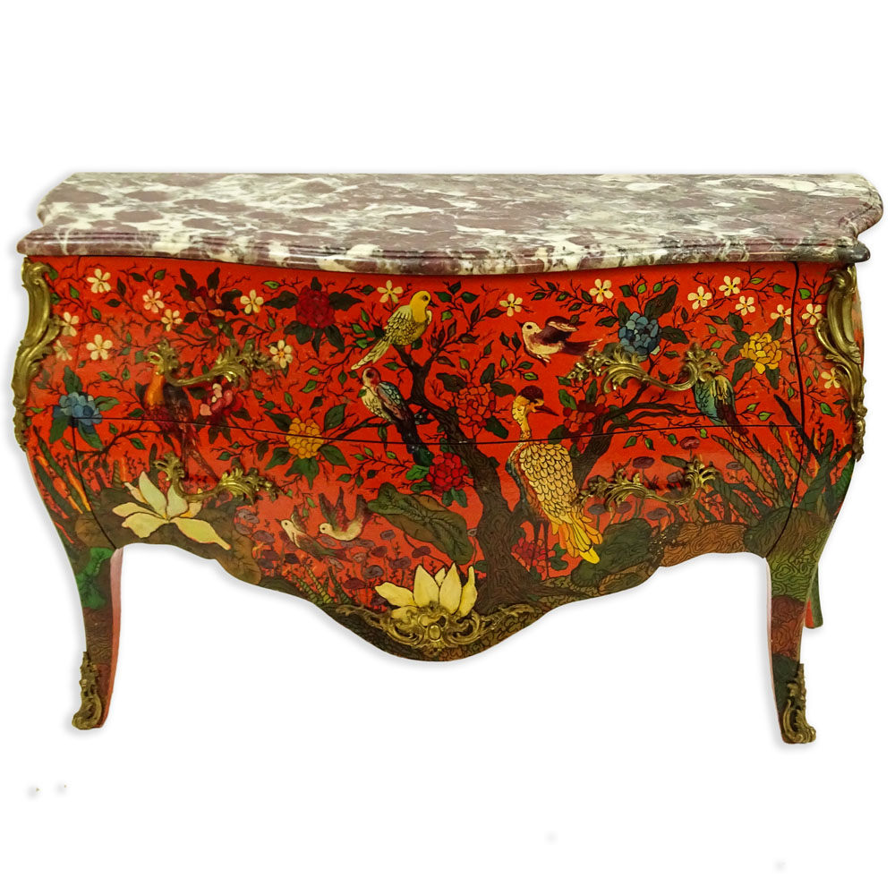 Early 20th Century Artist Painted Louis XV style Bronze Mounted Bombe Commode with Breche Violette Marble Top