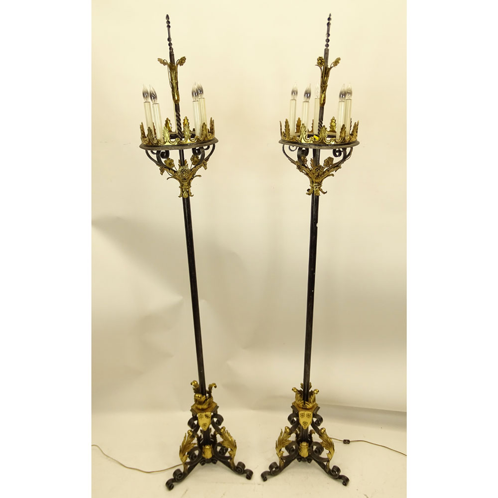 Pair of Five (5) Light Hand Wrought Iron and Brass Torchieres With Decorative Gilded Foliate Motifs.