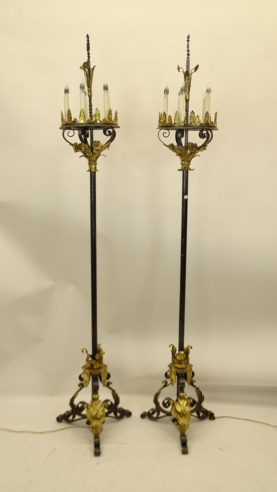 Pair of Five (5) Light Hand Wrought Iron and Brass Torchieres With Decorative Gilded Foliate Motifs.