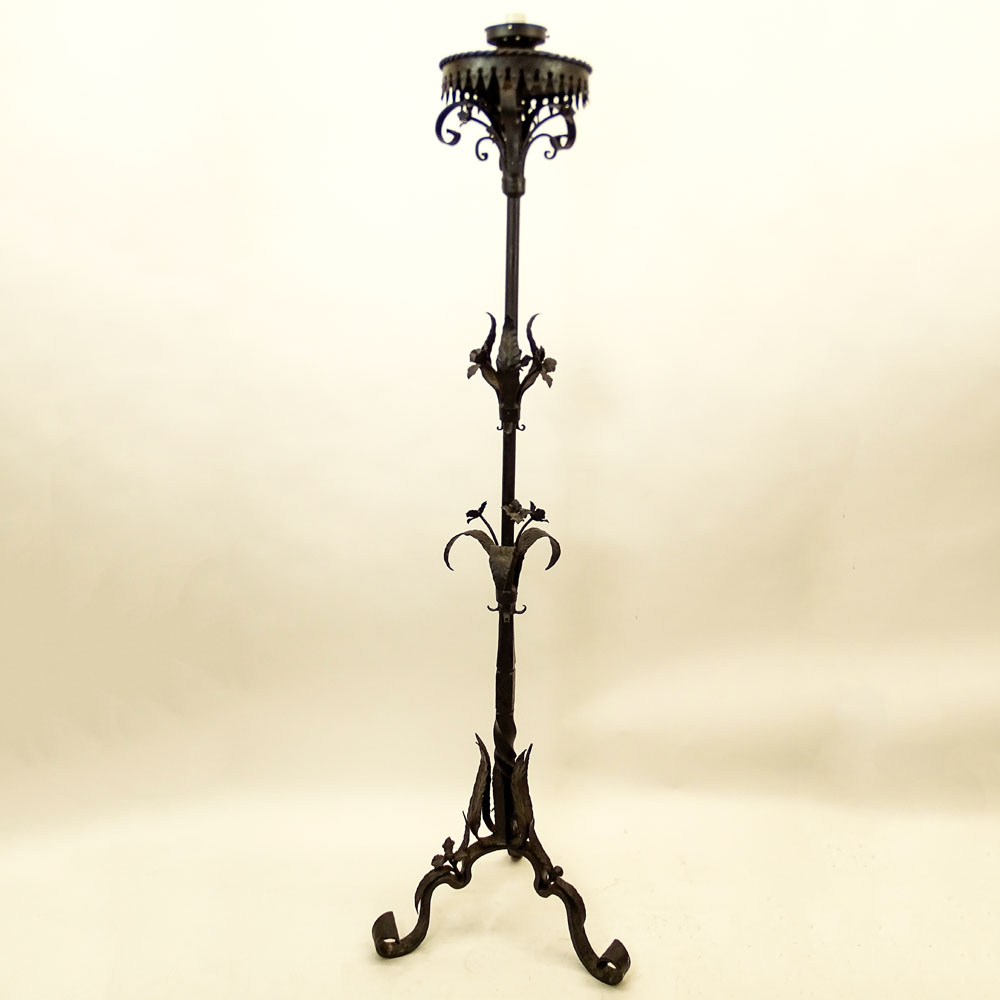 Antique Wrought Iron Torchiere, Now Wired. Floral and foliate motif. 