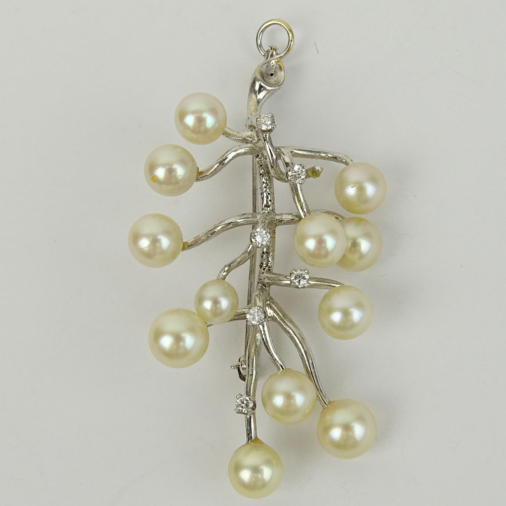 Vintage Pearl and 14 Karat White Gold Branch Pendant/ Brooch with Small Diamond Accents.