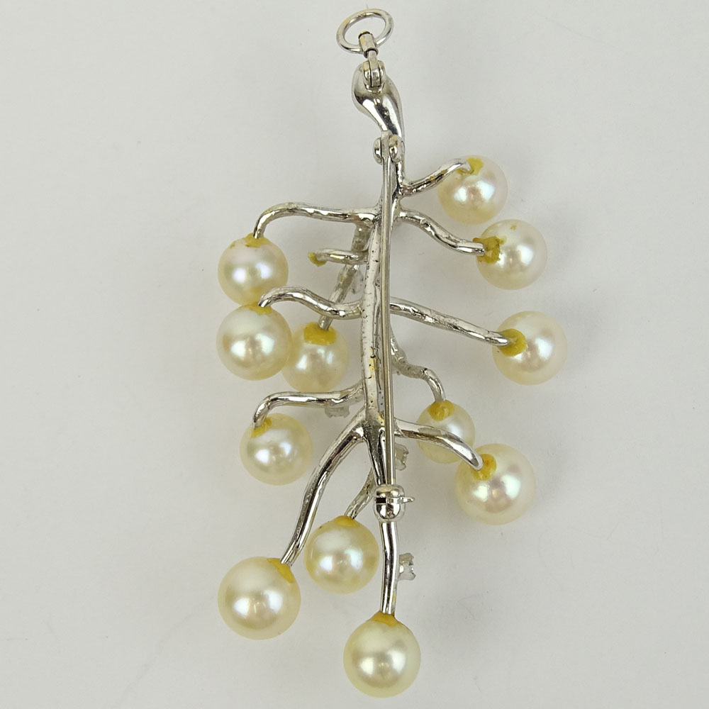 Vintage Pearl and 14 Karat White Gold Branch Pendant/ Brooch with Small Diamond Accents.