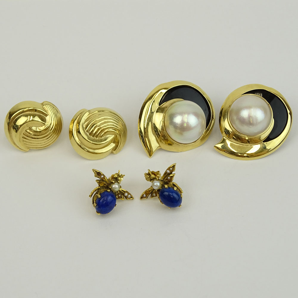 Three (3) Pair of Vintage 14 Karat Yellow Gold Earrings, One with Mabe Pearl and Onyx, One with Lapis and Seed Pearl. Signed 14K. 