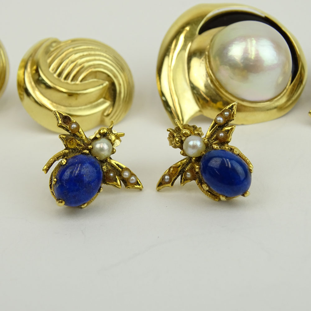 Three (3) Pair of Vintage 14 Karat Yellow Gold Earrings, One with Mabe Pearl and Onyx, One with Lapis and Seed Pearl. Signed 14K. 