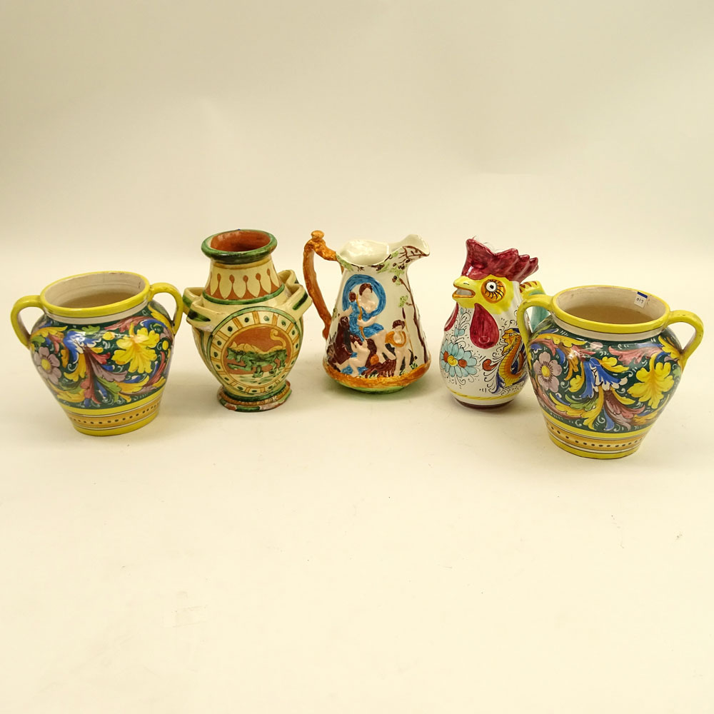 Lot of Five (5) Majolica Pitchers & Urns. Various motifs.