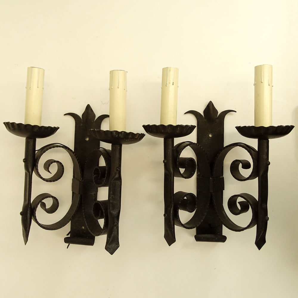 Pair of Early to Mid 20th Century Wrought Iron Two Light Sconces.