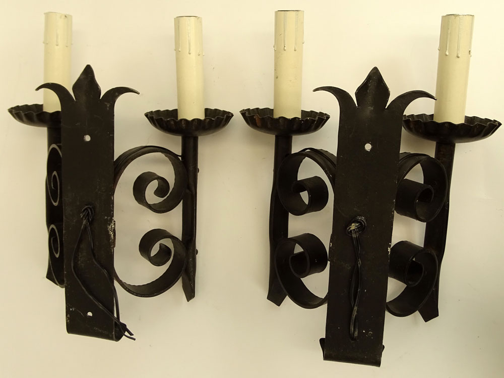 Pair of Early to Mid 20th Century Wrought Iron Two Light Sconces.