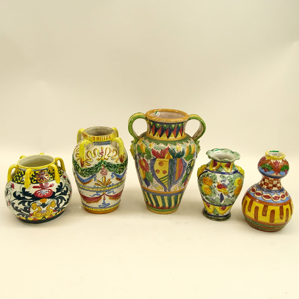 Lot of Five (5) Vintage Majolica Urns and Vases. Various sizes.