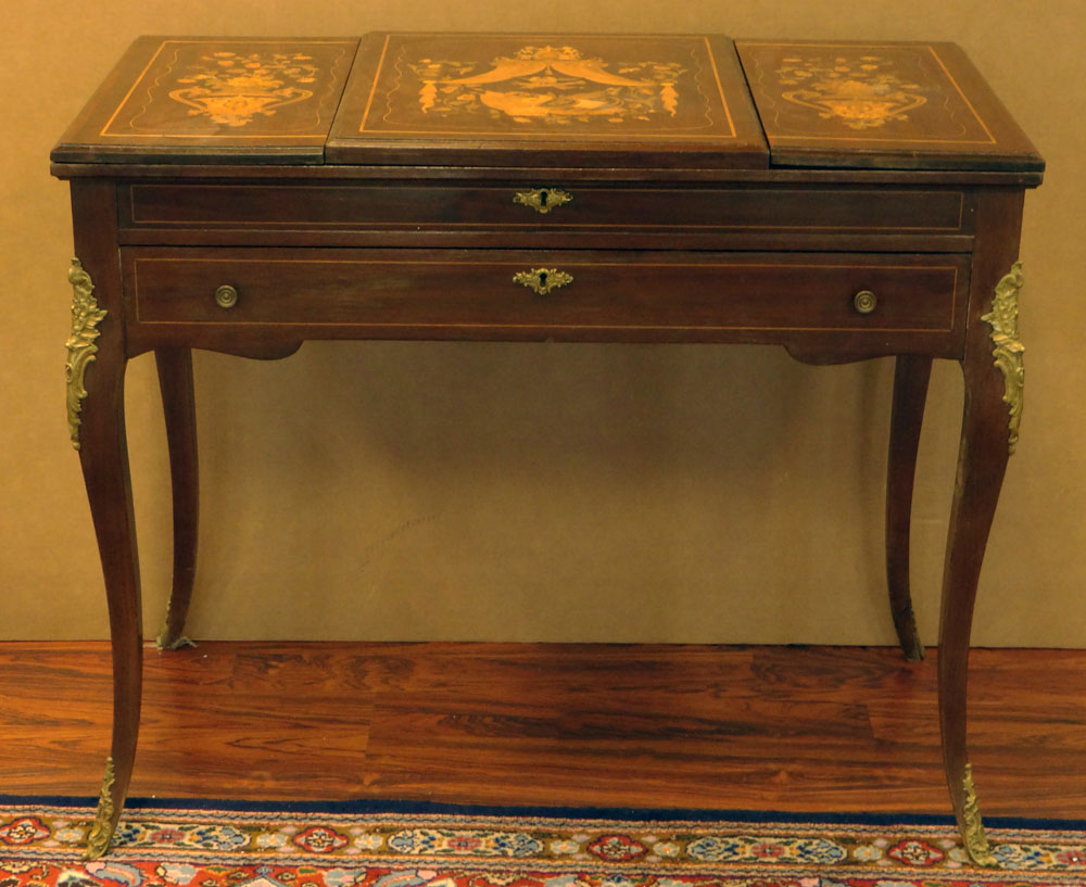 Early 20th Century Inlaid Mahogany Lady's Vanity with Cast Metal Mounts.