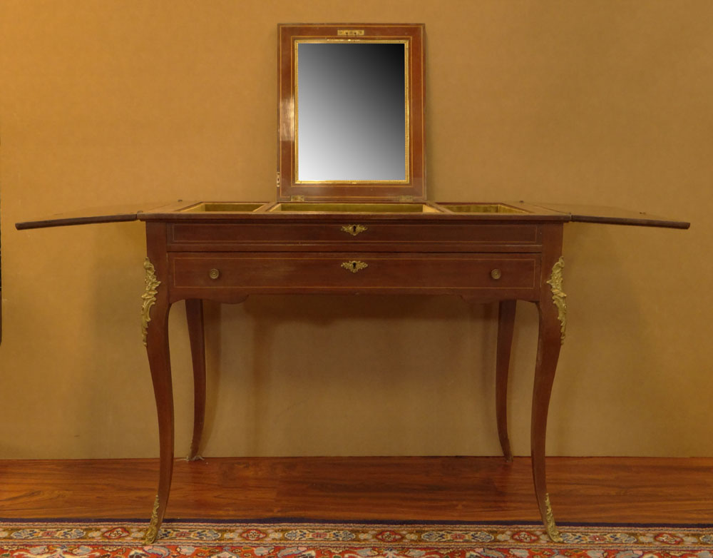 Early 20th Century Inlaid Mahogany Lady's Vanity with Cast Metal Mounts.