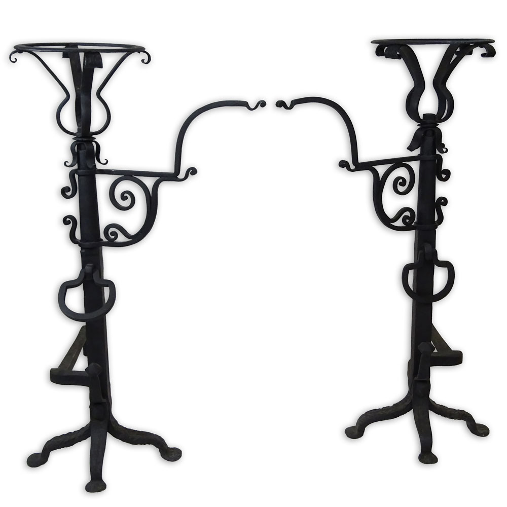 Pair of Grand Scale 19/20th Century Italian Wrought Iron Fireplace Irons.