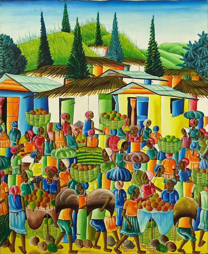Etienne A. Thomas, Haitian (20th C) Oil on canvas "Haitian Marketplace" 