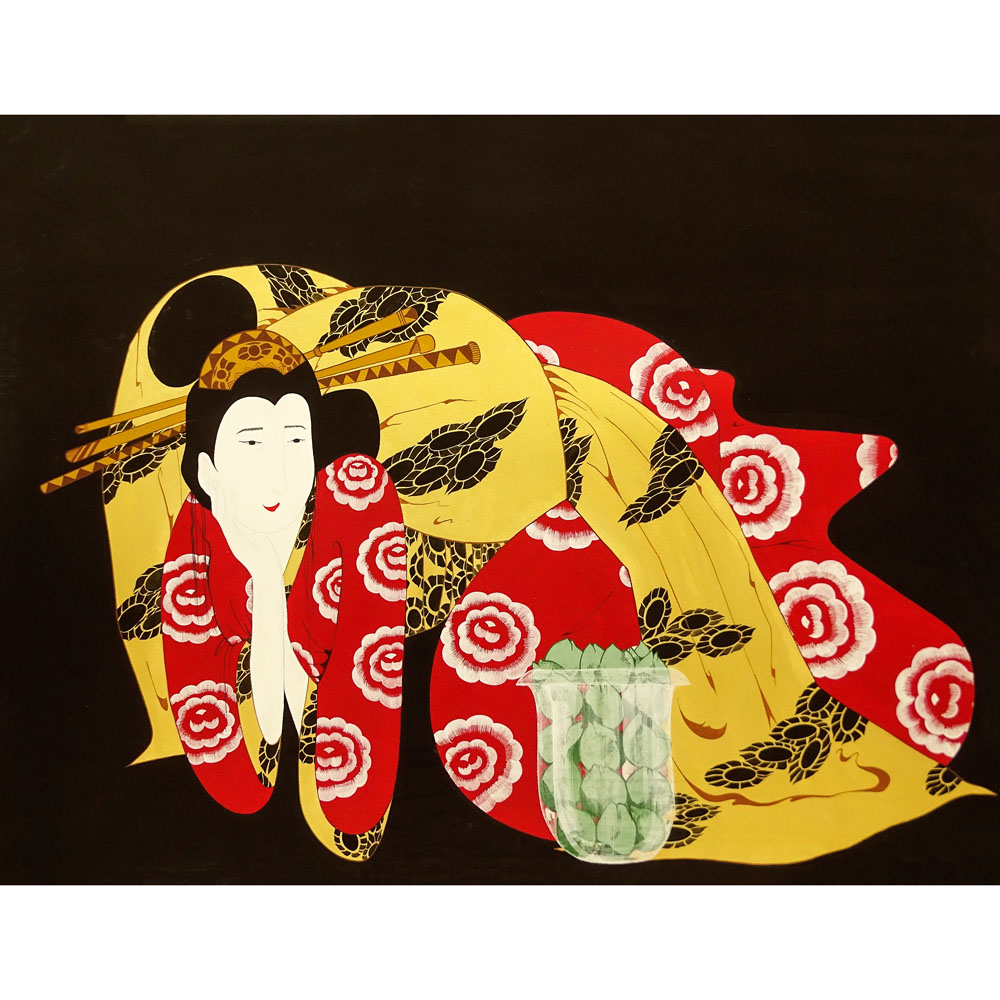 Mid 20th Century Japanese Style Oil on Canvas "Reclining Geisha". 