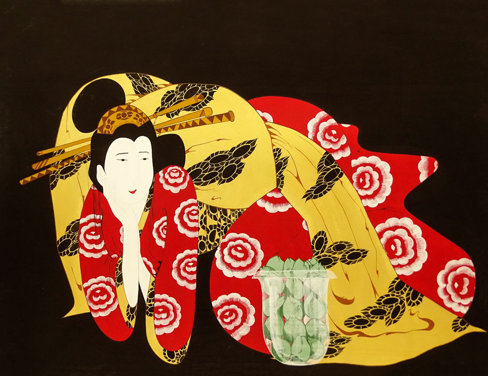Mid 20th Century Japanese Style Oil on Canvas "Reclining Geisha". 