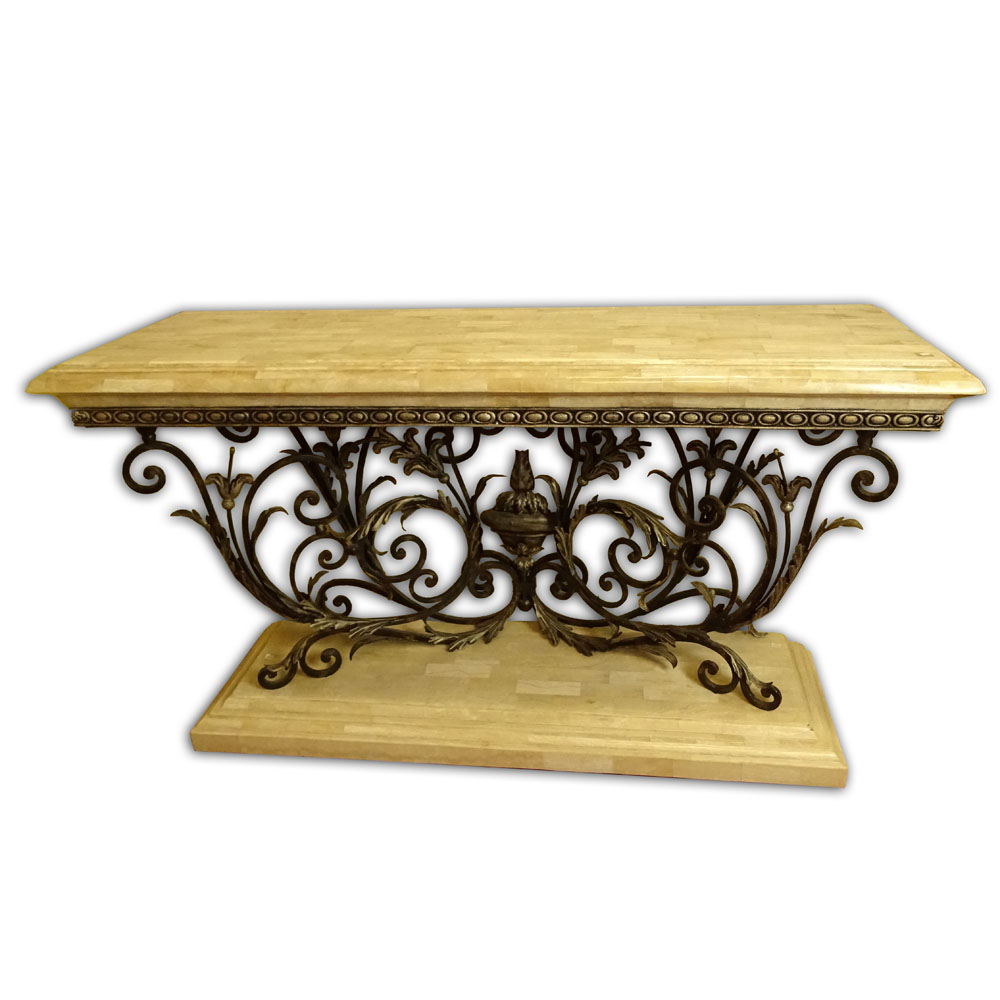 Large Contemporary Faux Marble and Iron Console.