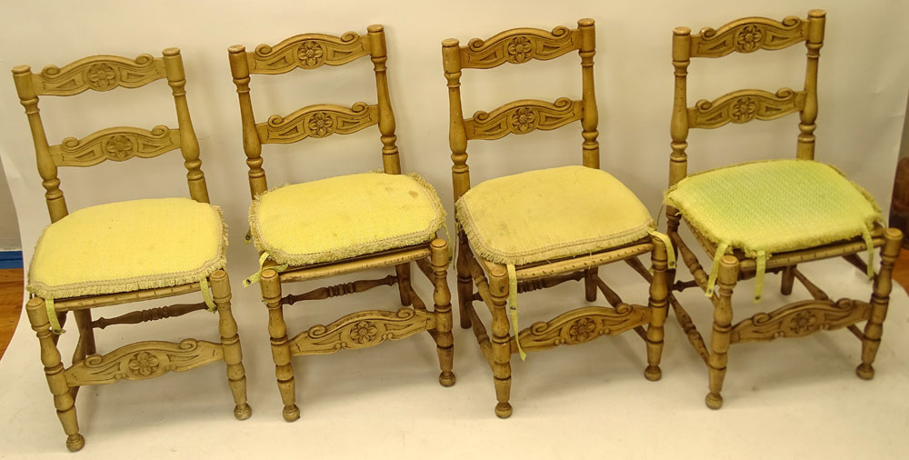 Set of Seventeen (17) Mid 20th Century Country French Style Carved Wood Chairs with Fortuny Cushions.