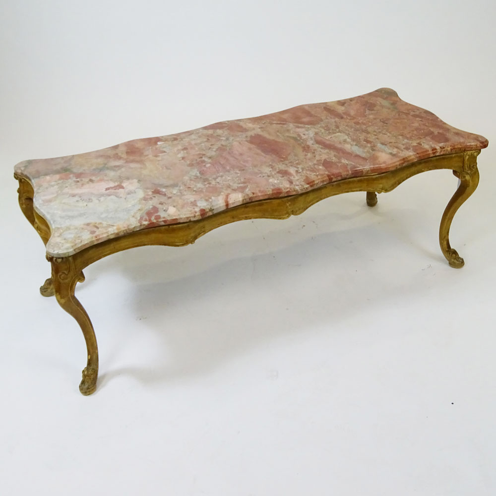Early to Mid 20th Century Italian Carved and Distressed Wood Coffee Table With Rouge Marble Top.