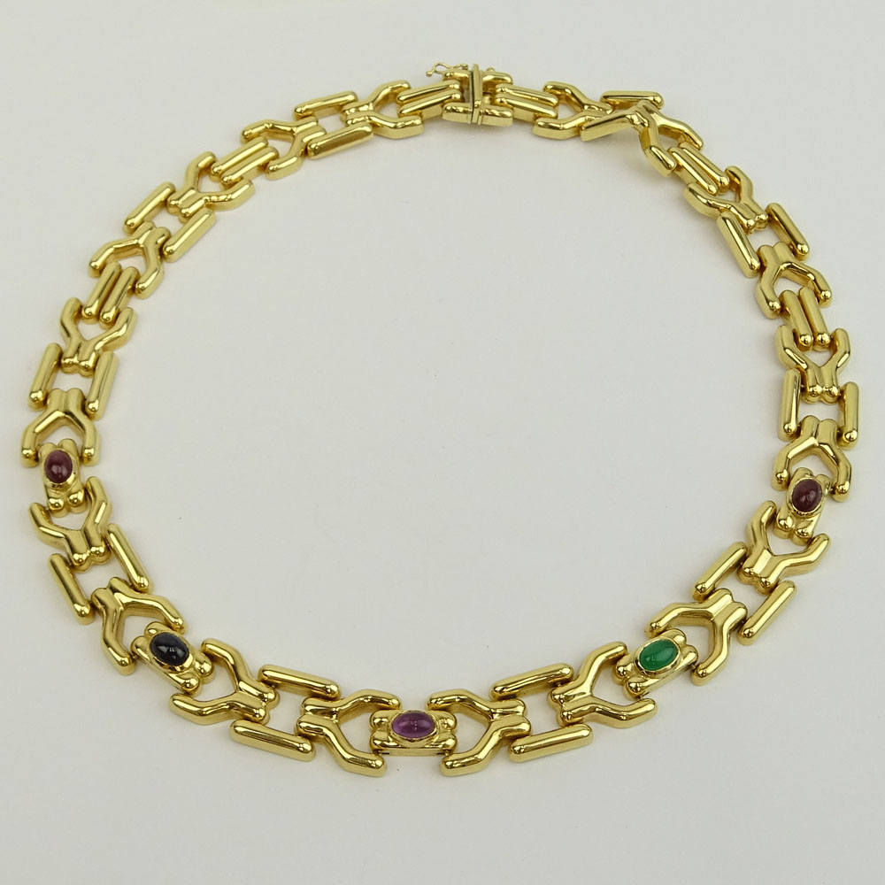 Vintage 14 Karat Yellow Gold Necklace with Inset Cabochon Gem Stones.
