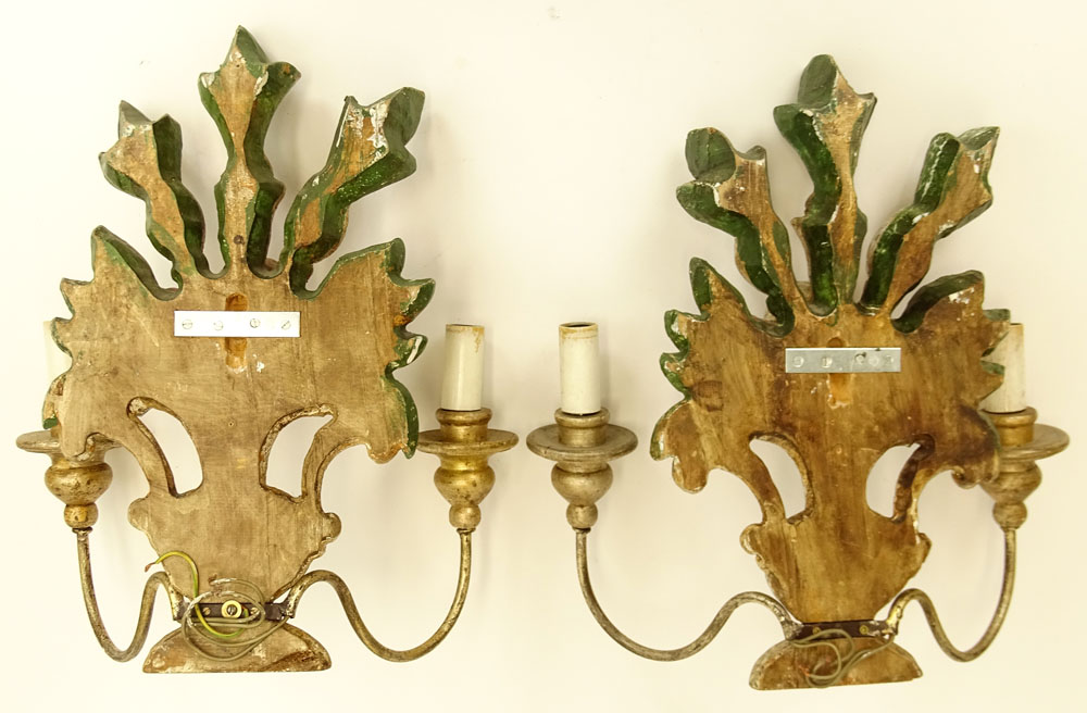 Pair of Italian Mid 20th Century Painted Carved Wood Two Light Wall Sconces.