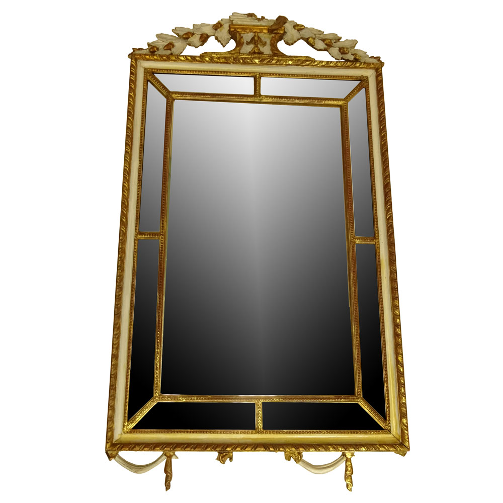 20th Century Italian Carved Painted and Parcel Gilt Mirror.