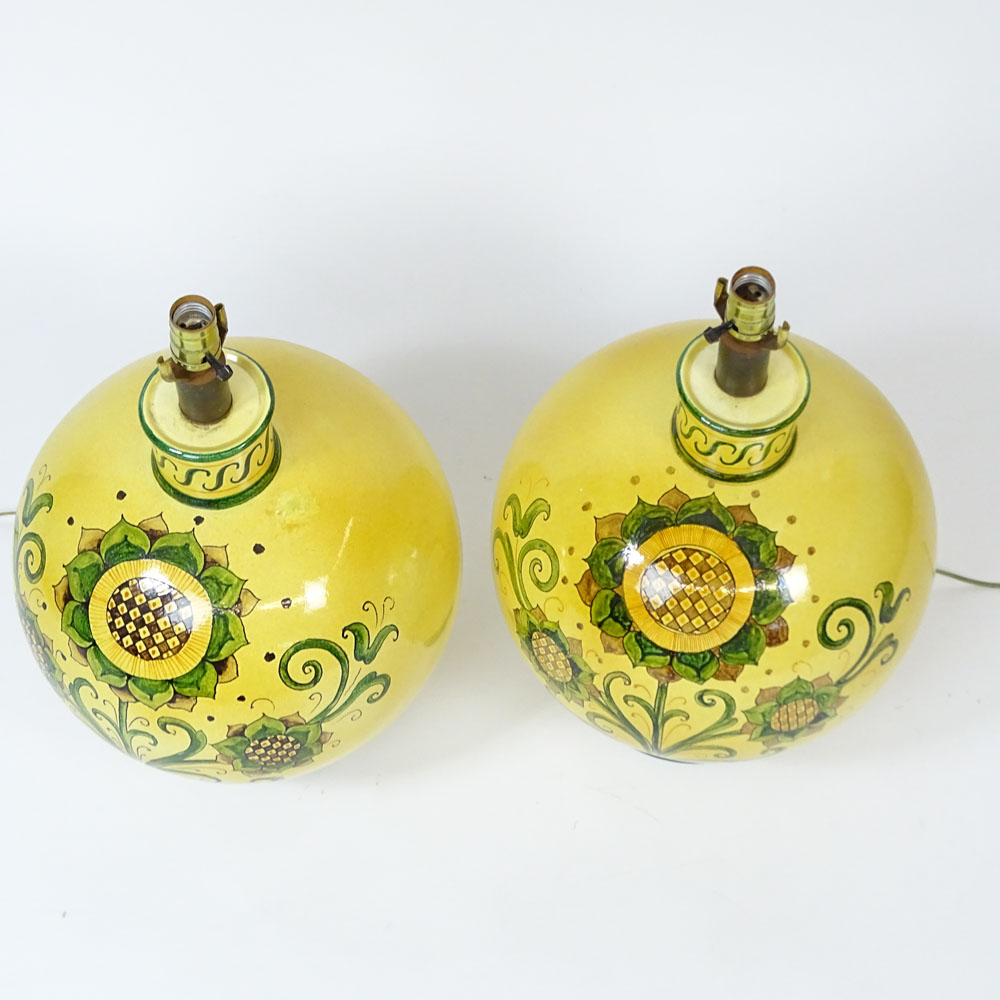 Large Pair of Mid 20th Century Majolica Lamps With Sunflower Motif.