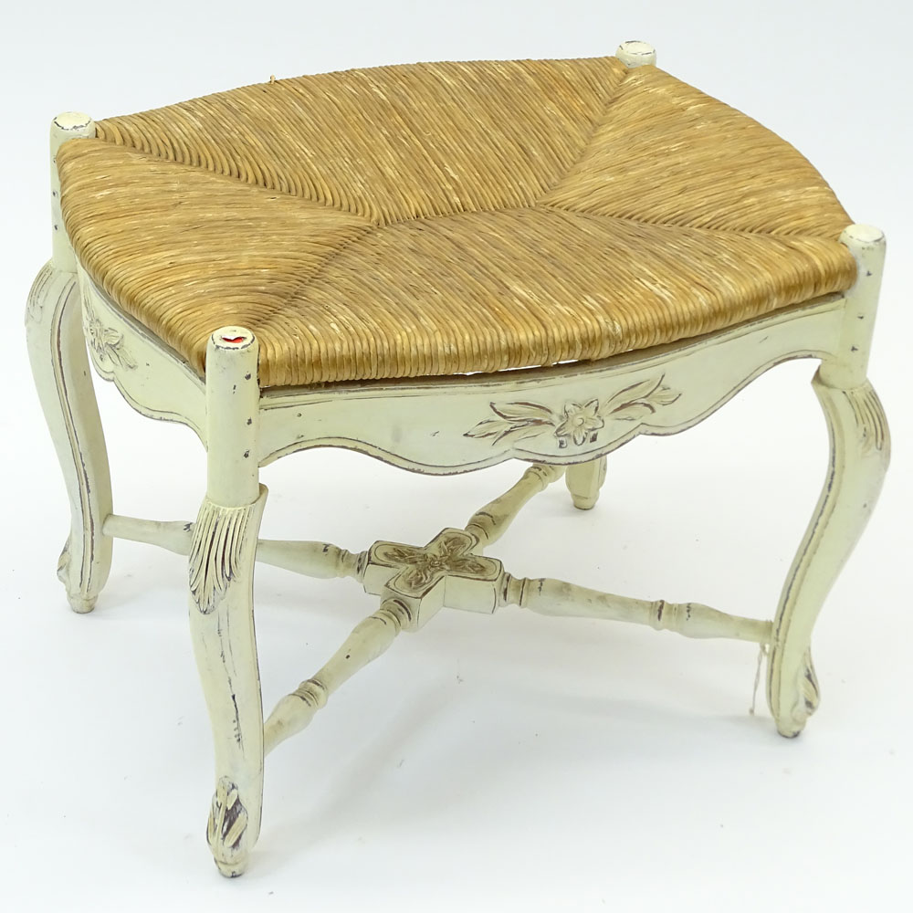 Mid 20th Century Italian Louis XV Style Carved Painted Bench with Rush Seat.