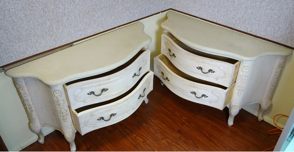 Pair of Vintage Louis XV Style Painted Two Drawer Commodes With Attached Man Made Faux Stone Tops.